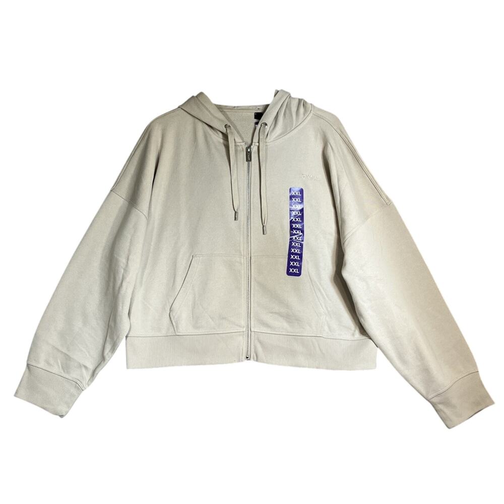 DKNY Hoodie Women 2XL Beige Full Zip Cropped Terry Coastal Neutral Beachy NEW